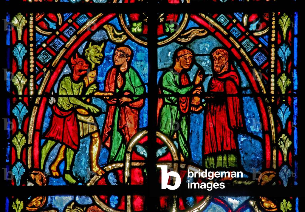 Window w2 depicting a scene from the Theophilus story (modern) (stained glass)