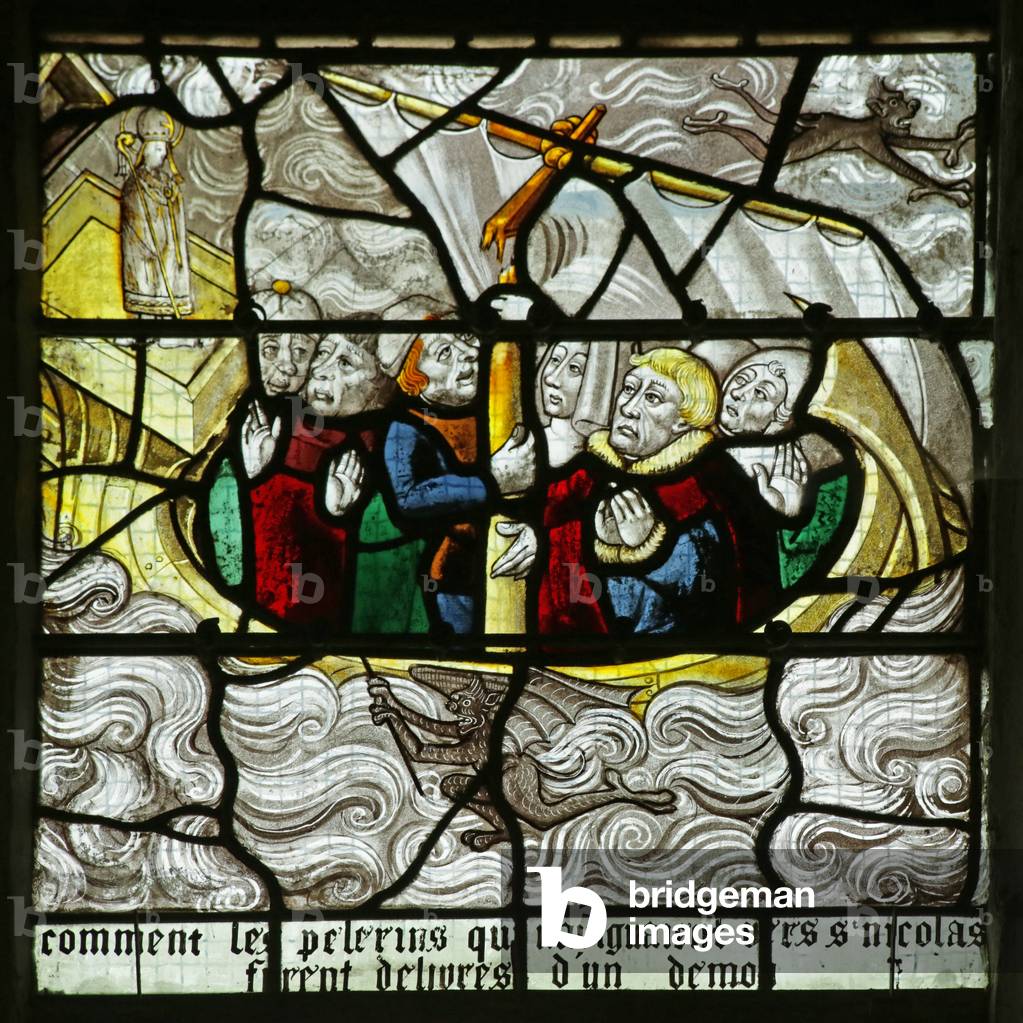 Window depicting St Nicholas appearing and rescuing travellers as their ship sinks, 1460-1470 (stained glass)