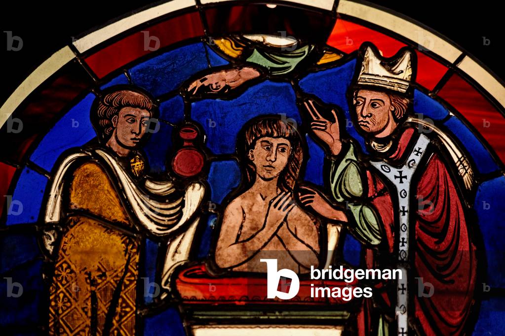 Depicting a baptism (stained glass)