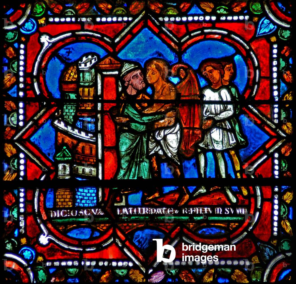 Window w17 depicting a scene from the Prodigal Son story: he returns to his father (stained glass)