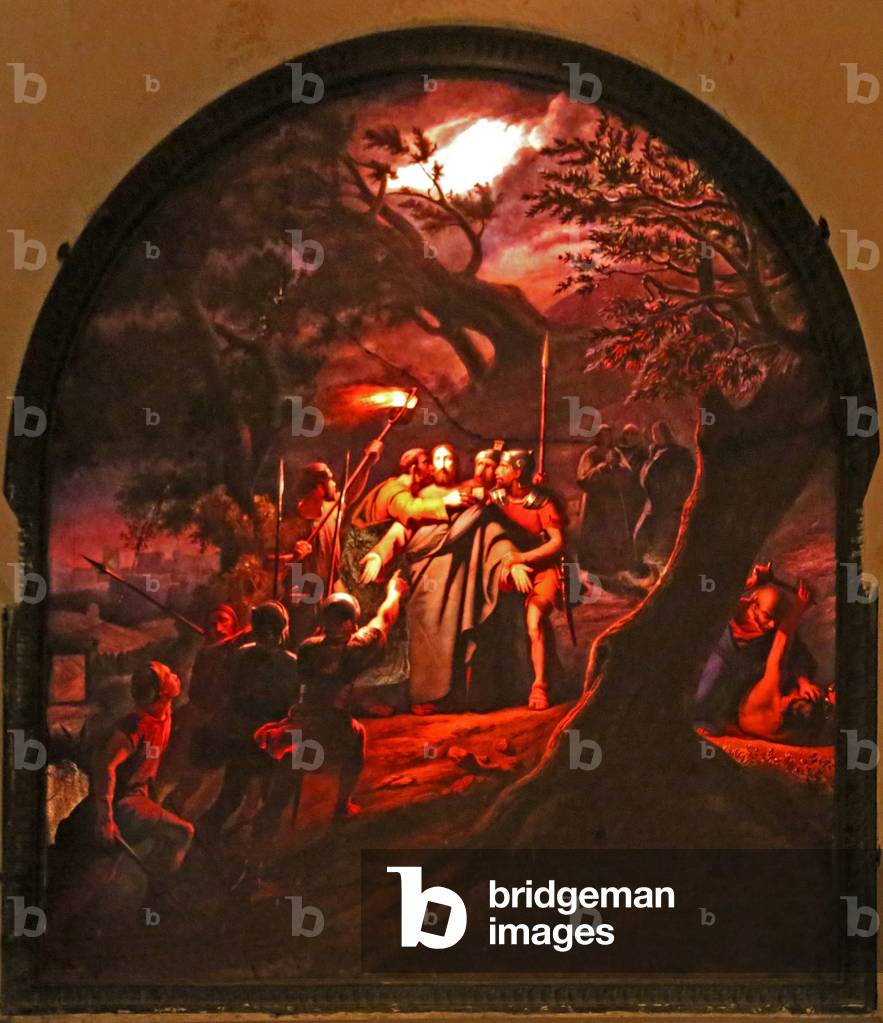 North Ambulatory of the Crypt: the Arrest of Jesus in Gethsemene, c. 1845 (enamel painted glass panel)