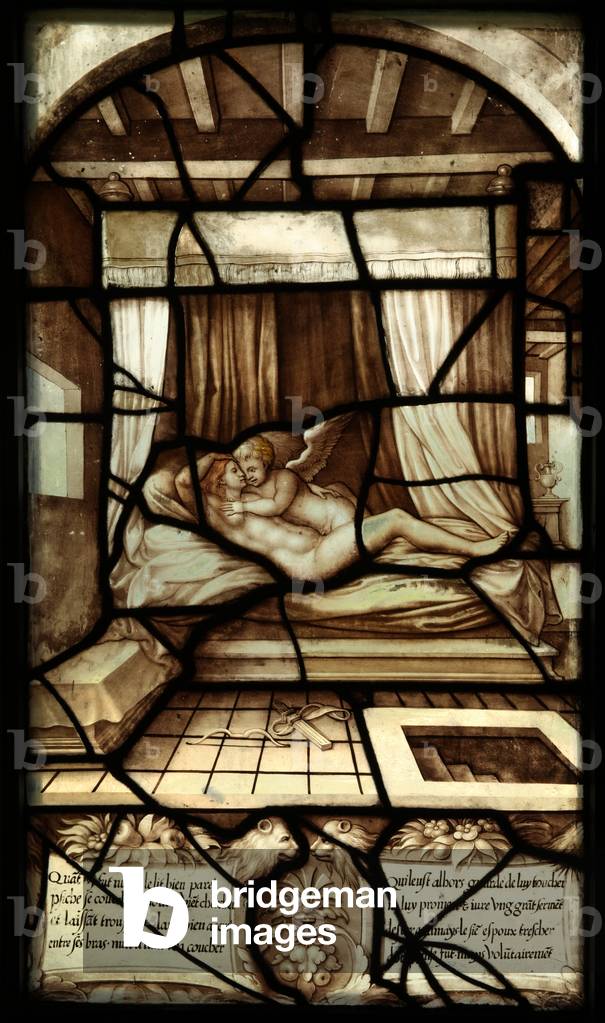 Panel 12 of the story of Psyche and Cupid: After dinner Psyche retires to bed and is attended by the invisible Cupid who disappears the following morning (stained glass)