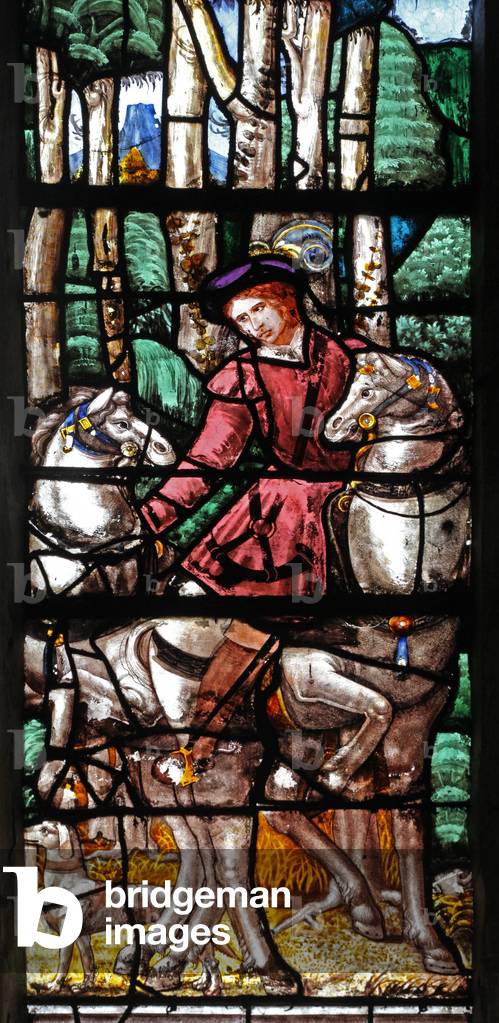 Window w20 depicting St Hubert's page holds his horse (stained glass)