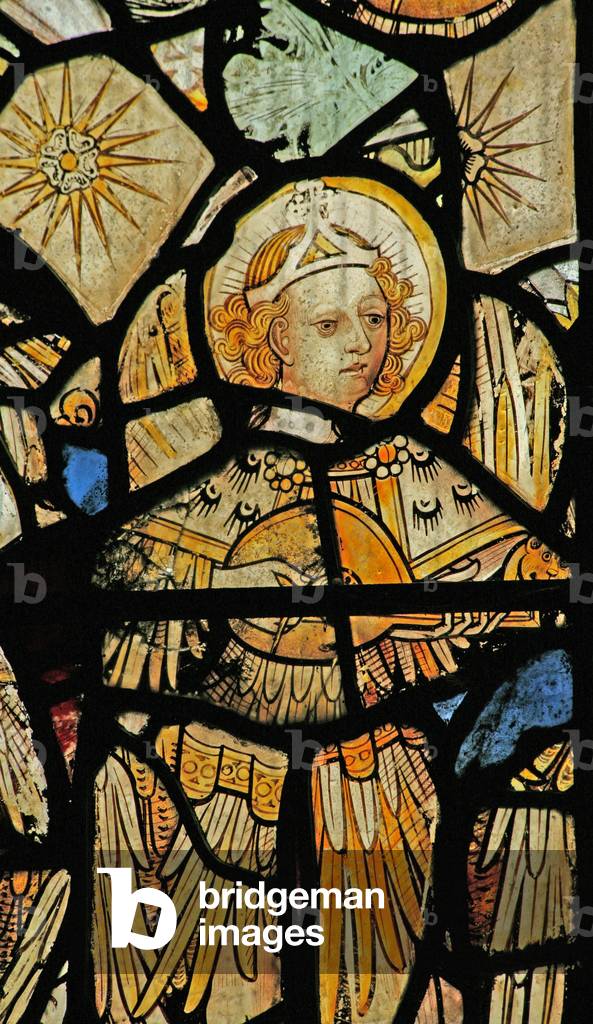 The East window (Ew) depicting musician angels (stained glass)