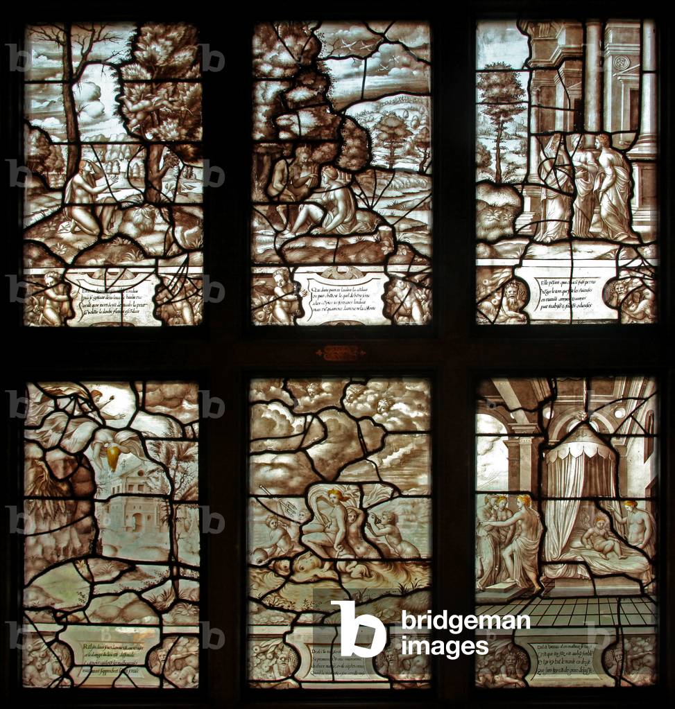 Window 4 of the story of Psyche and Cupid: Panels 19-24 in the Gallerie de Psyche (stained glass)