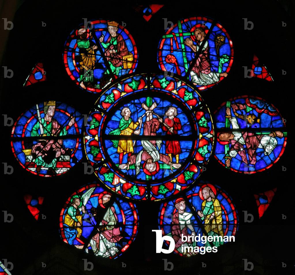 Window w102 depicting the arrest and death of St Peter, and the saint with Simon Magus (stained glass)