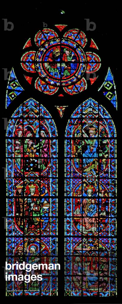Window w203 depicting the Annunciation and Childhood of Christ (stained glass)
