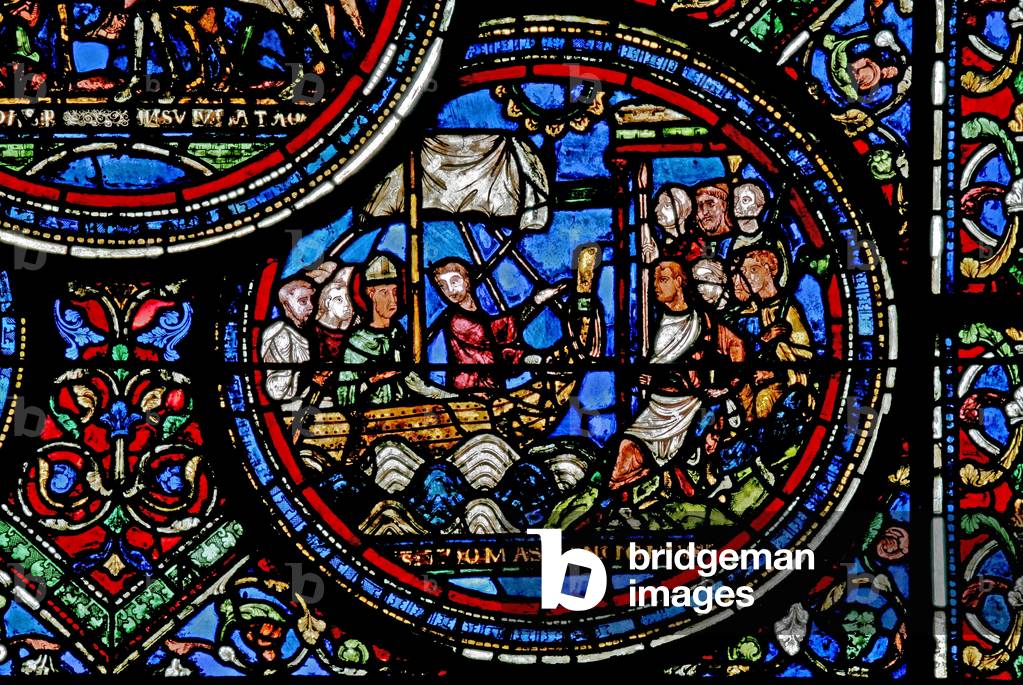 Window w23 depicting St Thomas Becket sets sail for England (stained glass)