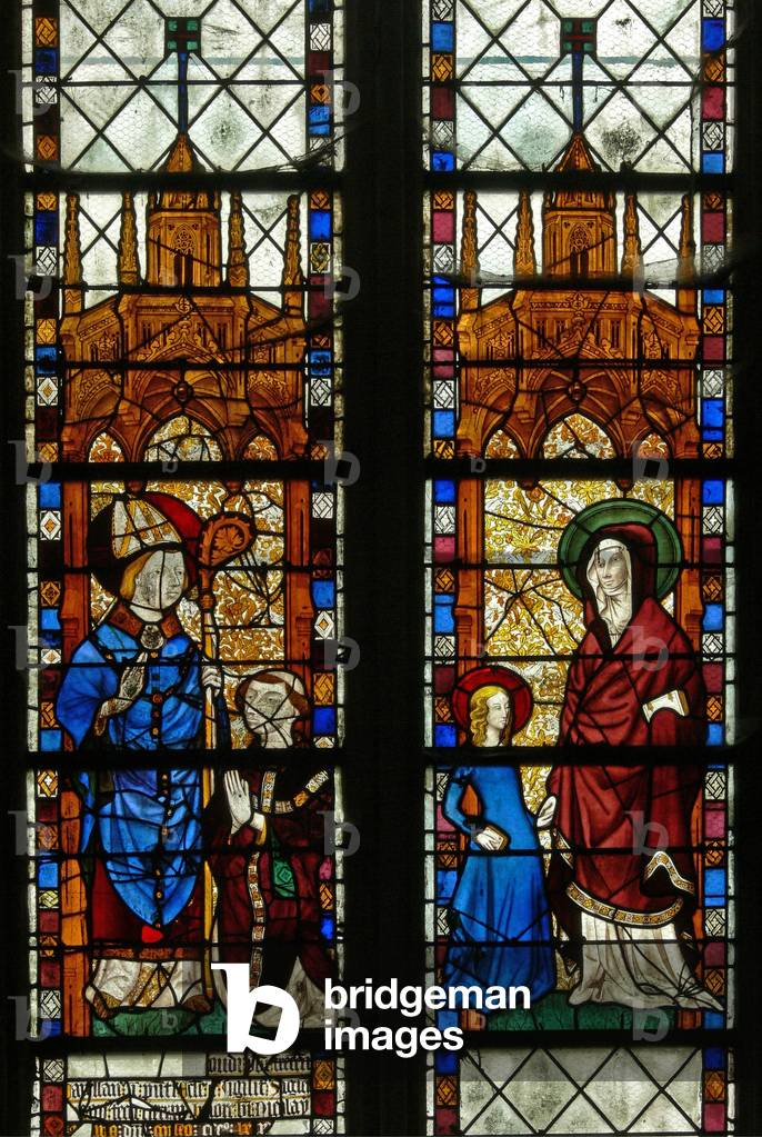 Window w17 depicting St Nicholas and the donor Oudin de Troyes; St Anne and the Virgin Mary (stained glass)