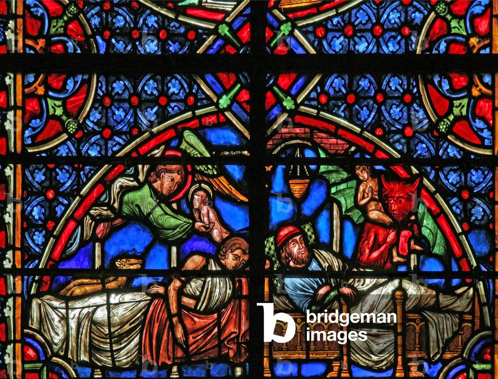 Window w4 depicting the Parable of Dives and Lazarus - their deaths (stained glass)