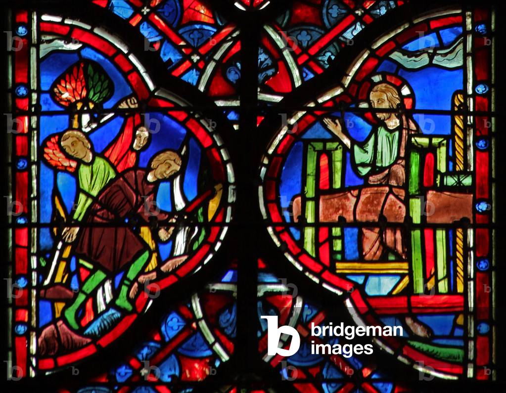 Window w6L  The trees of the forest are cut down with an axe (L) Is X 33-34. Christ with the winepress (R) Is LXIII 1-6 (stained glass)