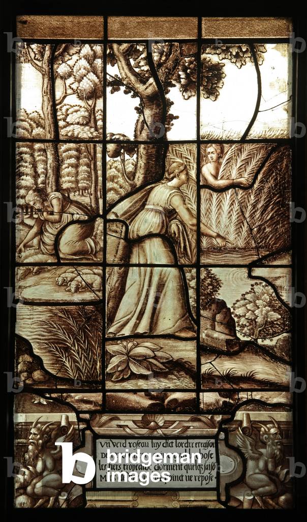 Panel 30 of the story of Psyche and Cupid: Psyche contemplates drowning herself, but a reed sings to her that the sheep with golden fleeces are dangerous and that she would do better to retrieve some of the hairs that they have dropped when watering at the river (stained glass)