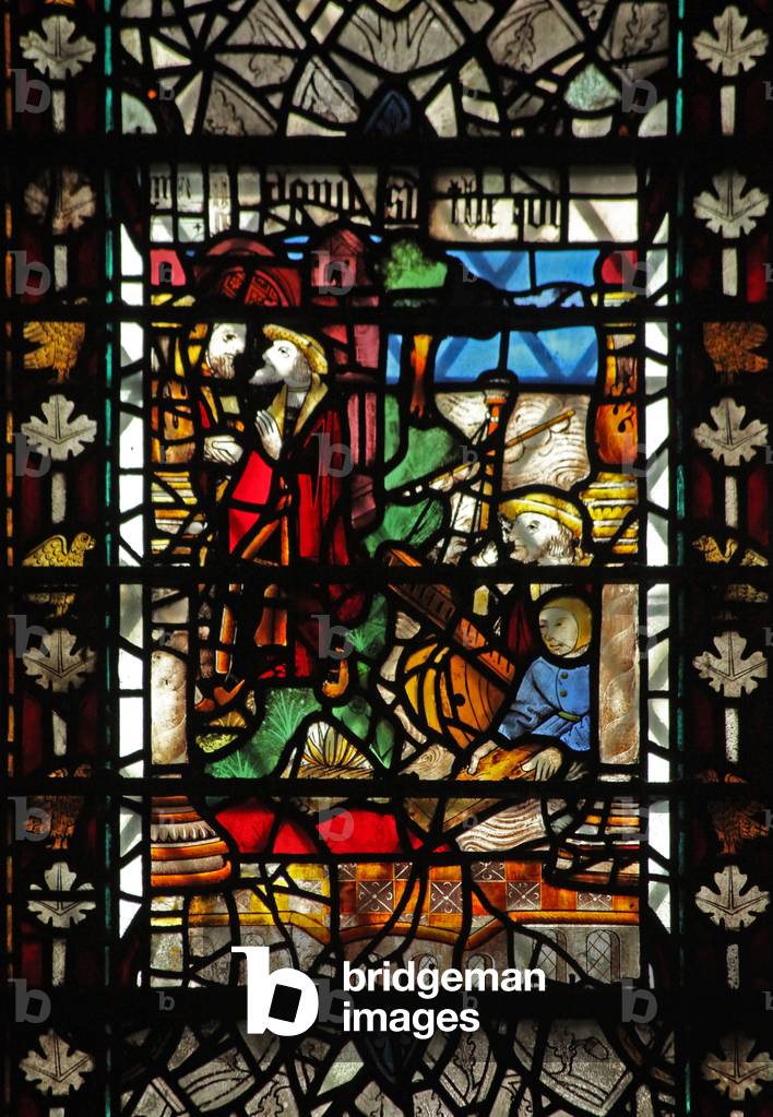 Window w58 depicting a scene from the story of St Thomas Becket - a disembarkation scene (stained glass)