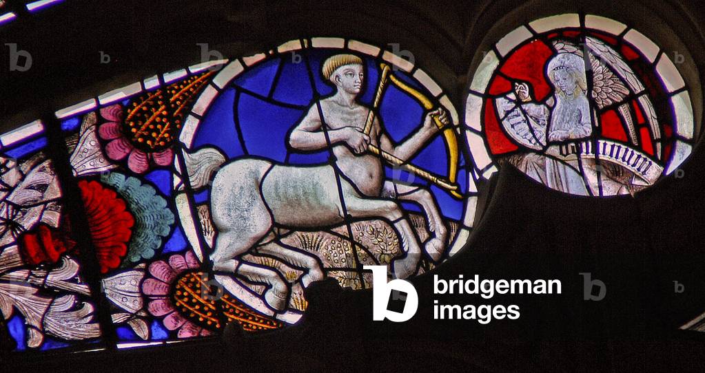 Window w114 depicting the Zodiac sign Saggitarius (stained glass)