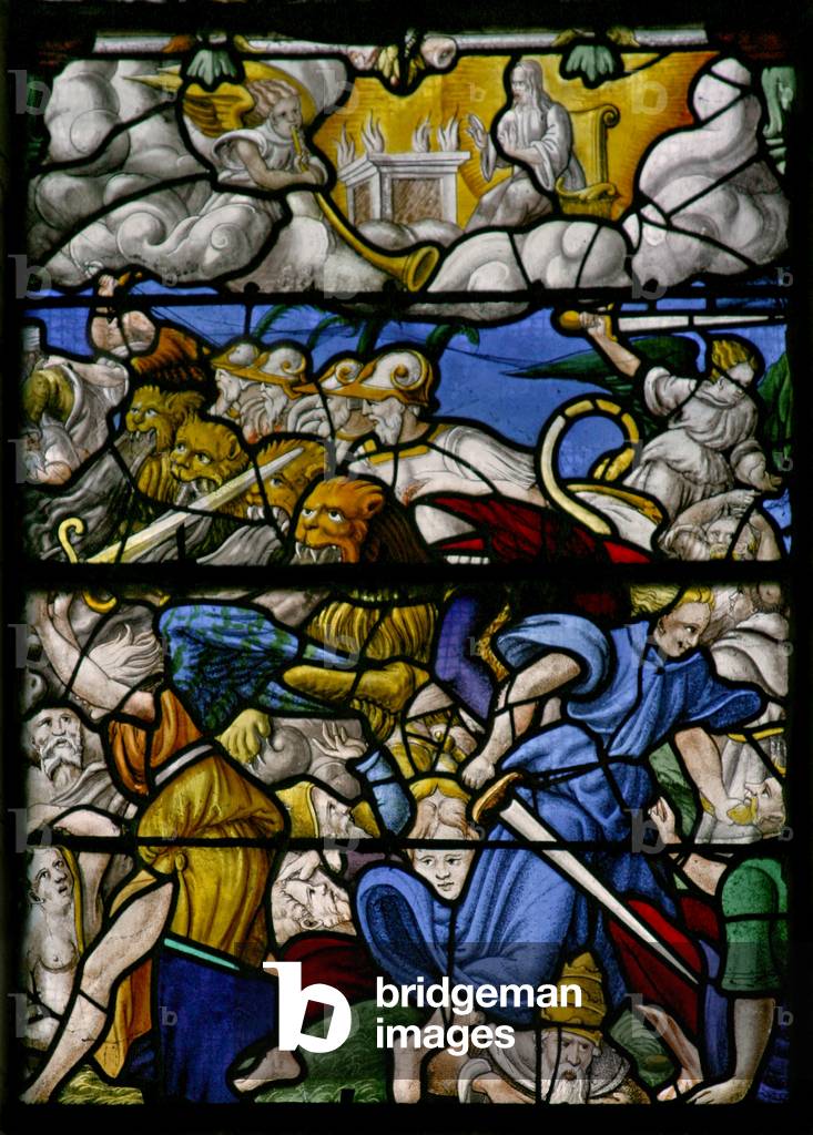 Window w5 depicting a scene from the Revelation of St John: horses with heads like lions, smoke and sulphur from their mouths (stained glass)