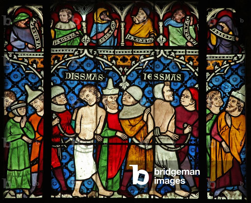 Window w12 depicting two thieves are selected to be crucified with Jesus (stained glass)