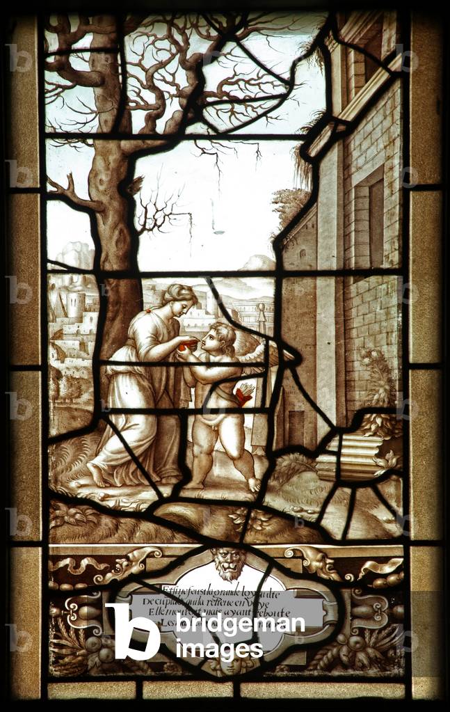 Panel 38 of the story of Psyche and Cupid: Psyche is now allowed to see Cupid who takes the box with sleeping essence from her (stained glass)