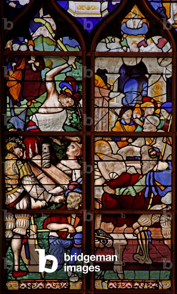 Window w13 depicting St Vincent crushed under a press; he dies (stained glass)