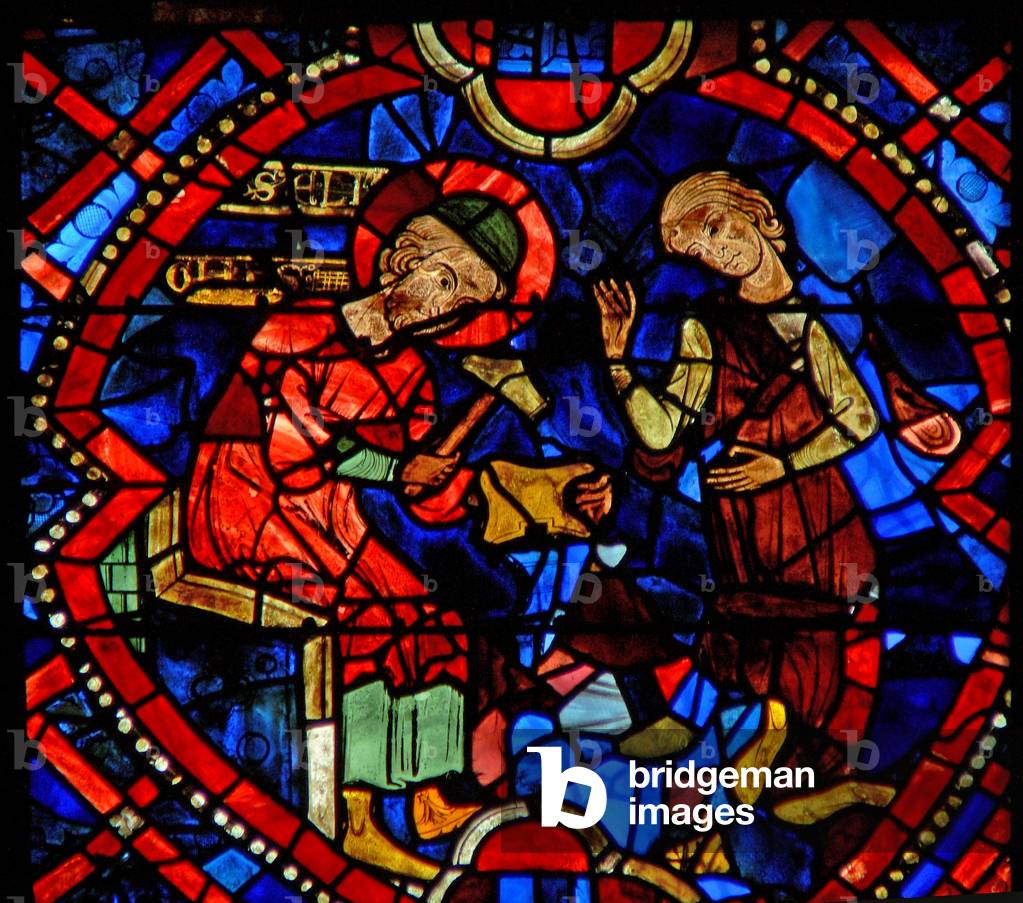 Window w107b depicting St Eloi makes a cup (stained glass)