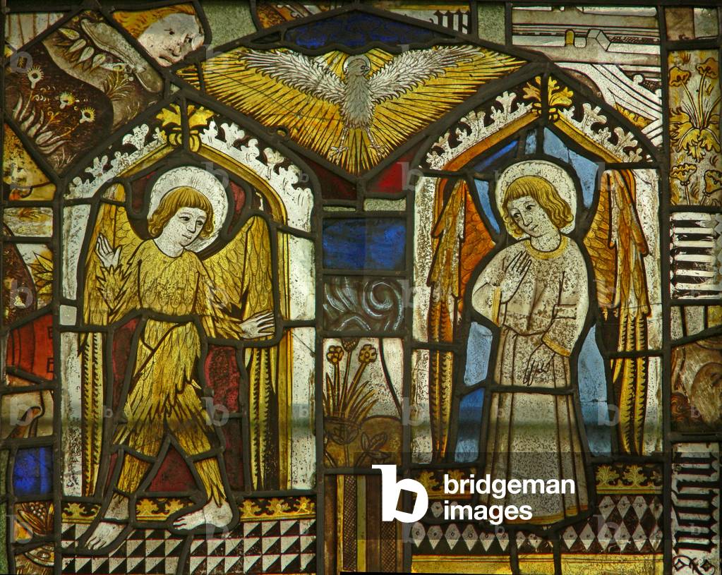 A panel in the east window depicting angels (stained glass)