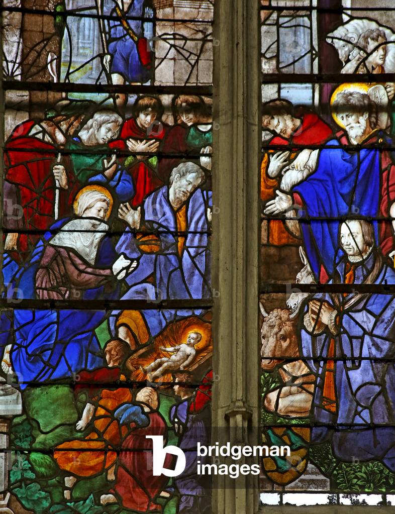 Window w9 depicting the Adoration of the Shepherds; the donor, Baurot and St Roche (stained glass)