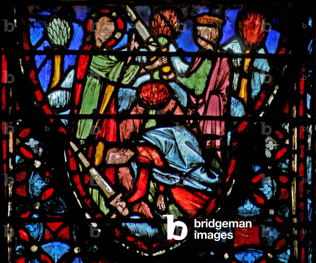 Window w4  God's soldier appears to Joshua who falls to the ground. Josh V 13-16 (stained glass)