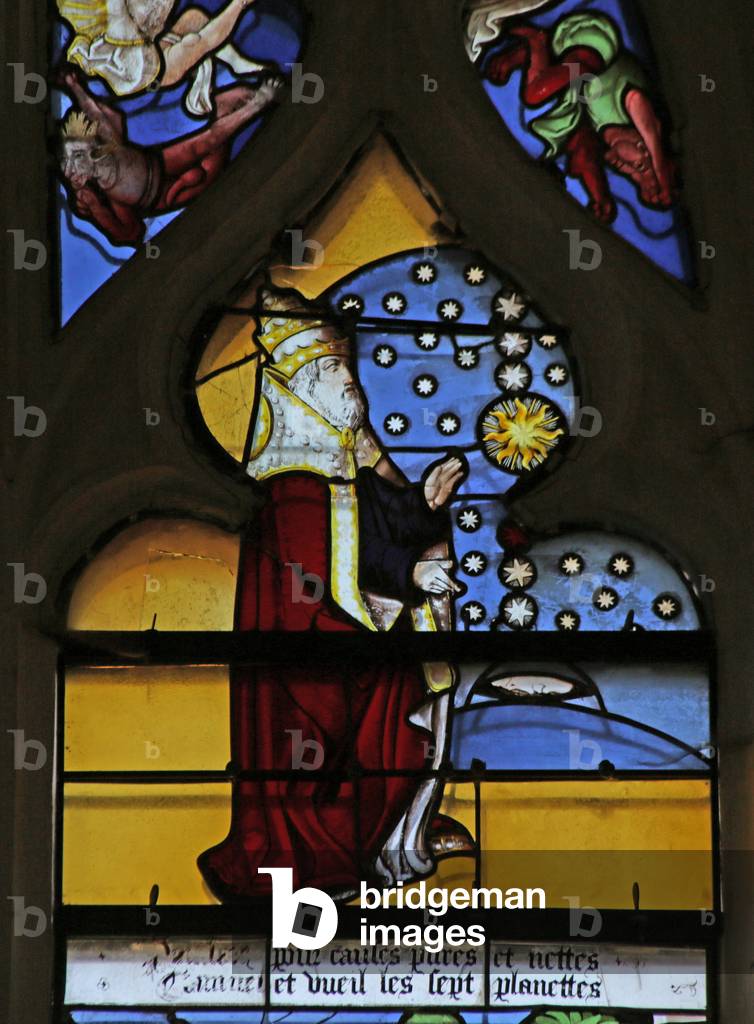 Window depicting God creating the Sun, Moon and Stars (stained glass)