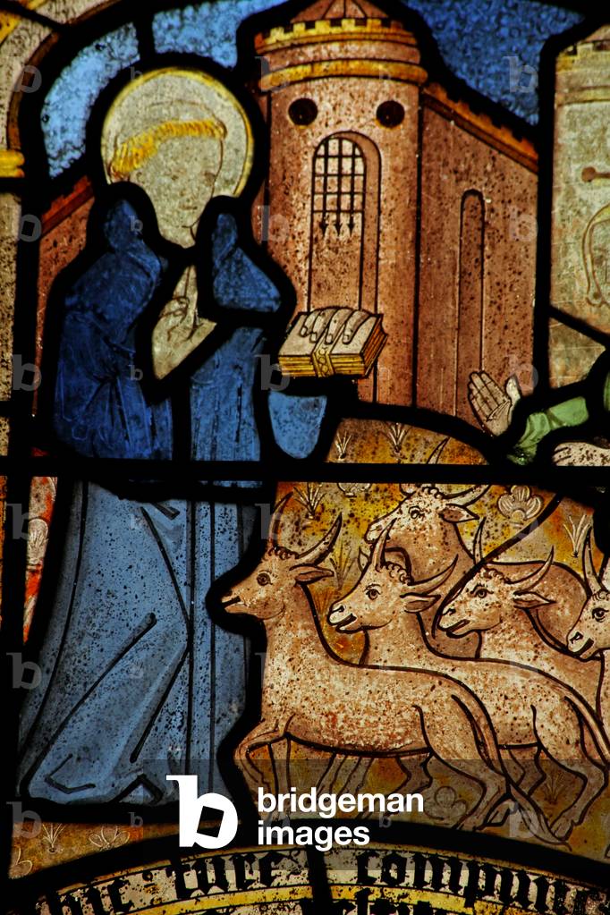 Window n5 depicting St Neot's stolen oxen are returned to him (stained glass)