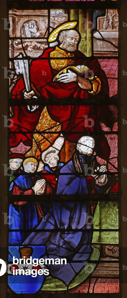 Window w21 depicting a donor and his sons with St Peter (stained glass)