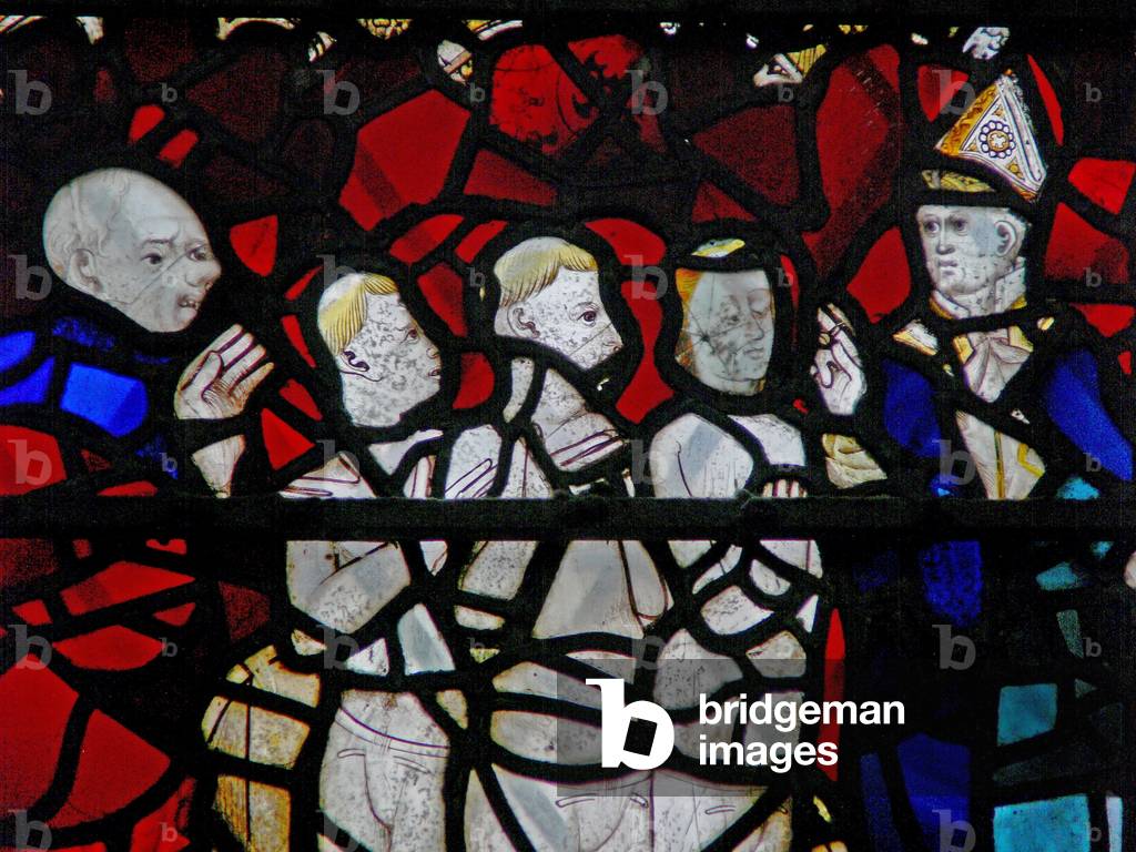 Window w6 depicting a scene from a legend of St Nicholas: the miracle of 3 boys: the three boys in the tub (stained glass)