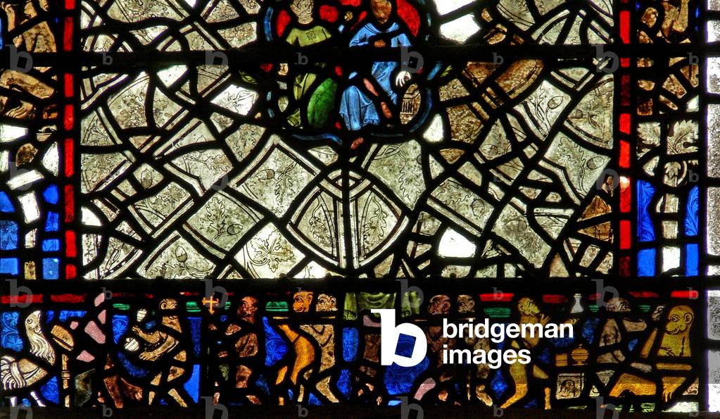 Window w40 depicting a border panel with the Monkey's Funeral (stained glass)