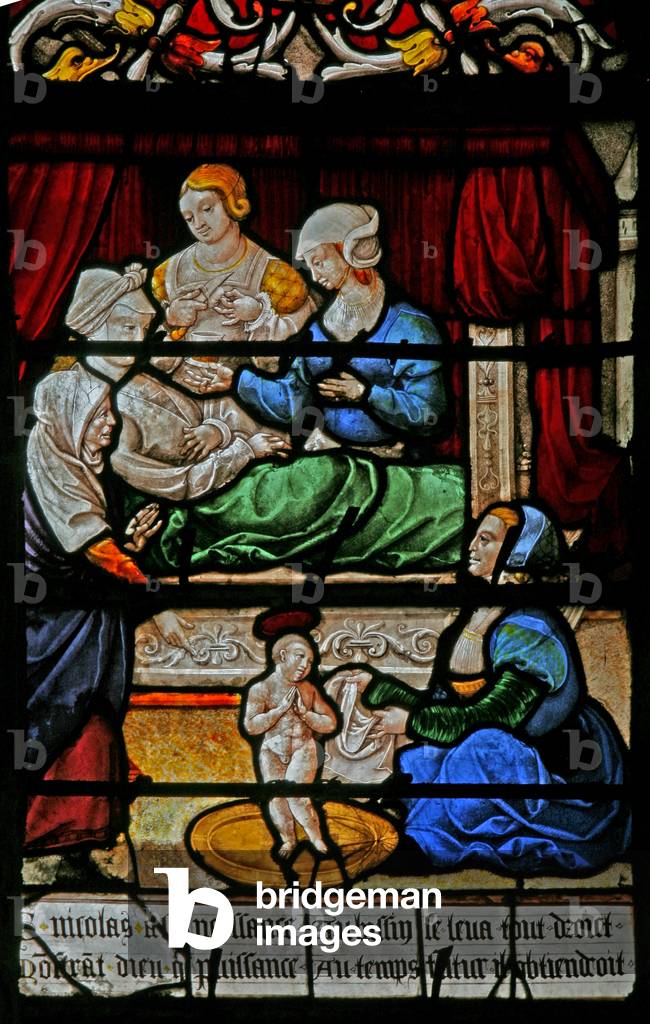 Window w3 depicting the birth of St Nicholas (stained glass)