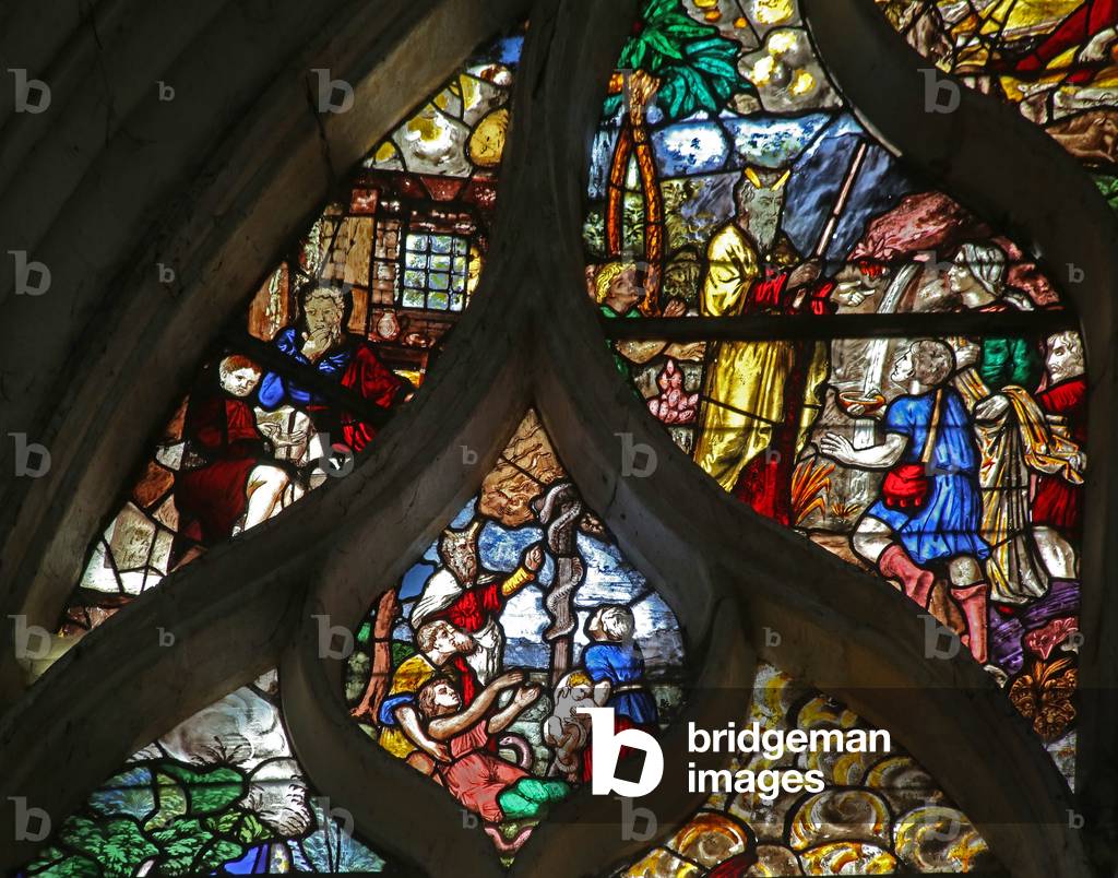 Window w126 depicting Moses scenes; the brazen serpent; at the rock of Horeb (stained glass)