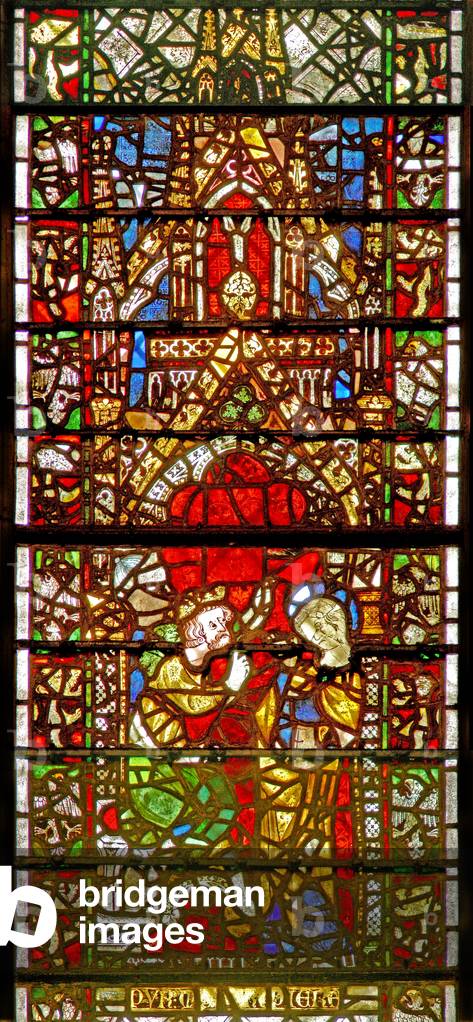 Window w42 depicting a scene from the life of St Catherine: she pleads with the Emperor (stained glass)