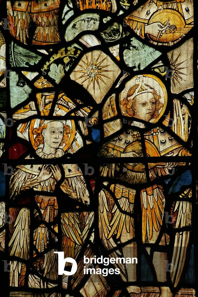 The East window (Ew) depicting musician angels (stained glass)