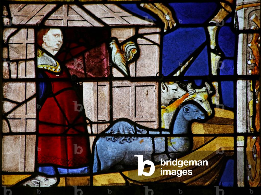 Window depicting Noah and the Ark: fabulous animals and the ark (stained glass)