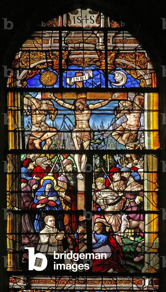 Window depicting the Crucifixion with two Thieves, Sun, Moon, Saint John, Virgin Mary and Others (stained glass)
