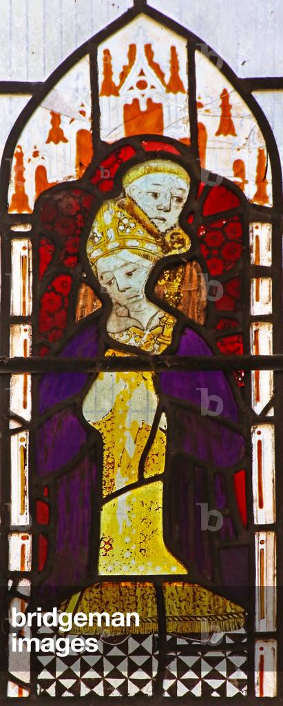 Window w2 depicting clerics (2 or 3?) Consulting a book (stained glass)