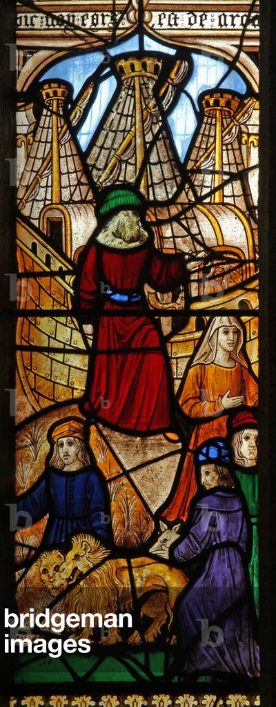 Window s2 depicting the Noah's Ark story: loading of (stained glass)