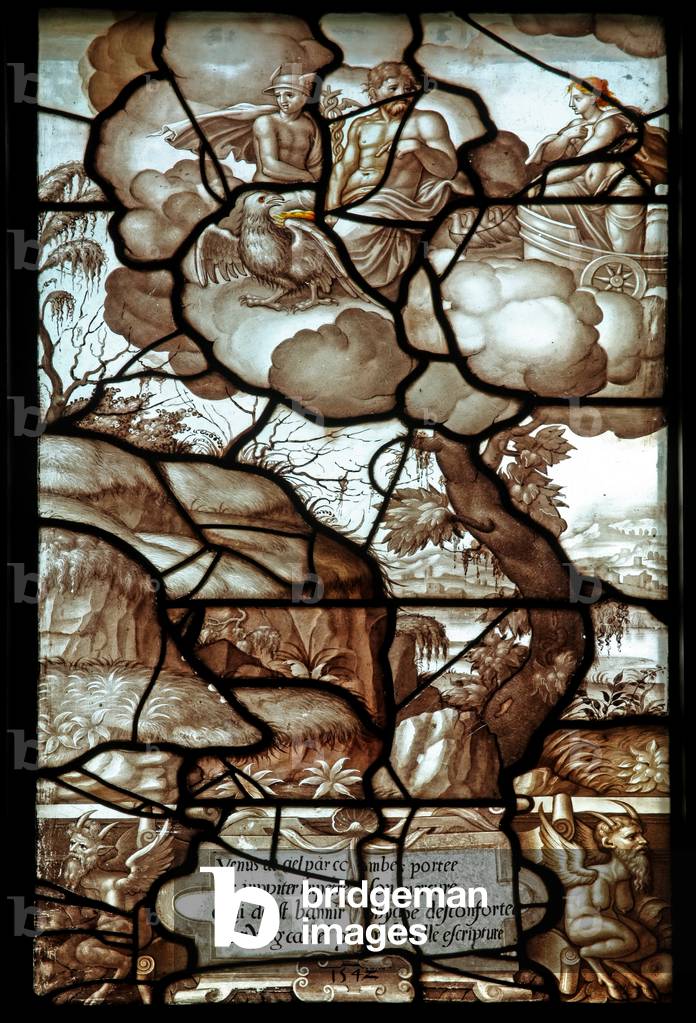 Panel 27 of the story of Psyche and Cupid: Venus being transported by doves; she is with Jupiter and Mercury (stained glass)