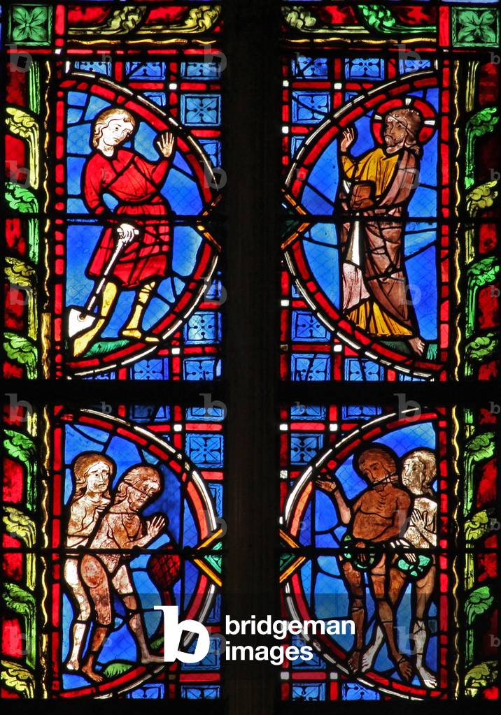 Window w30 depicting God with Adam carrying a spade; Adam and Eve try to hide their nakenness (stained glass)