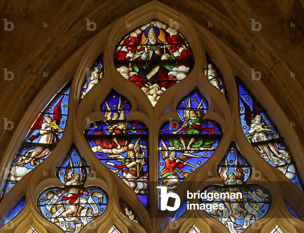 Window depicting God the Father with the Holy Spirit, Seraphims and Angel Musicians (stained glass)