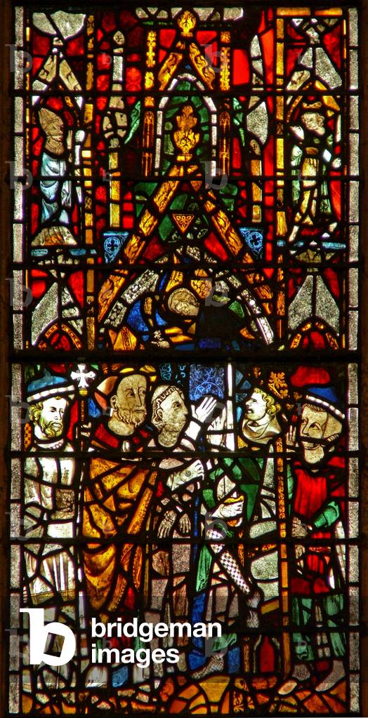 Window w26 depicting St Nicholas pleads with the Emperor (stained glass)