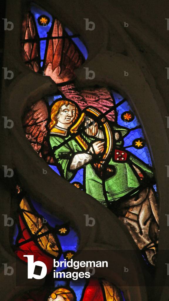 Window depicting Musical Angel with Harp (stained glass)