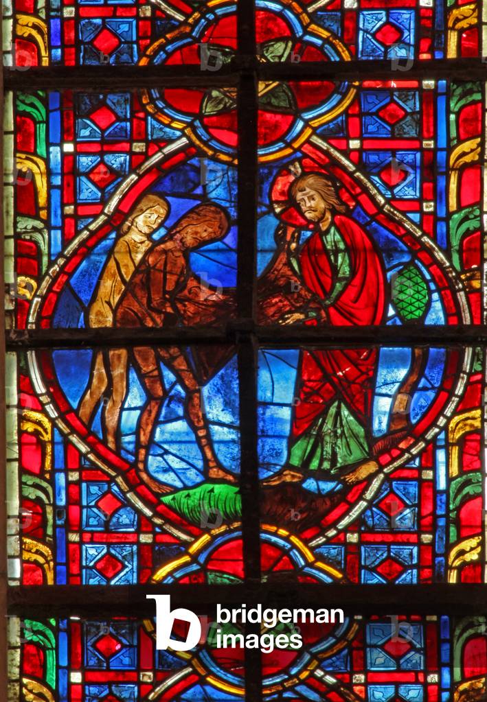 Window w207 depicting Adam and Eve wear clothes (stained glass)