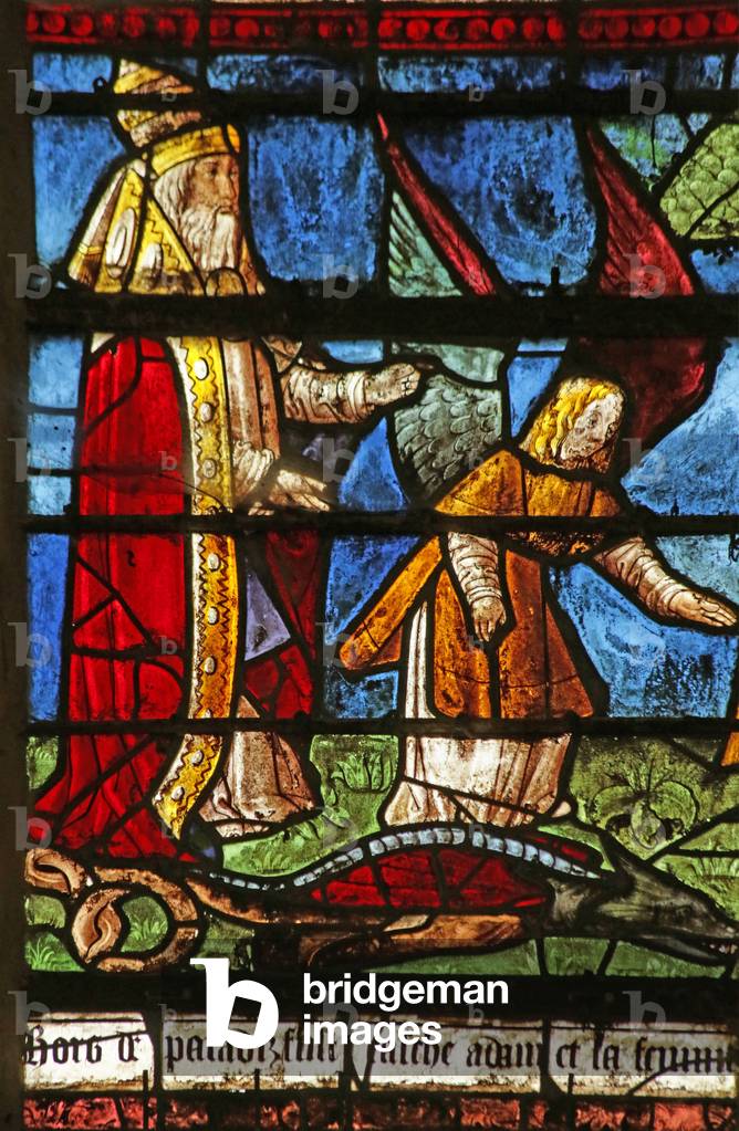 Window depicting God cursing the Serpent (stained glass)