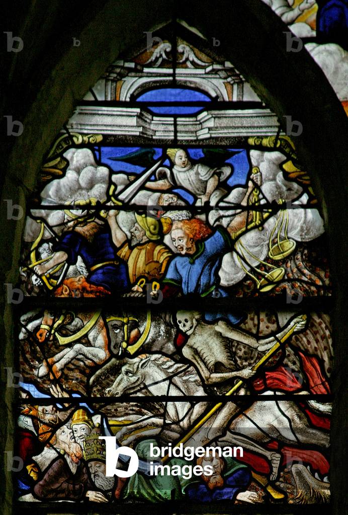 Window w5 depicting the Four Horsemen of the Apocalypse: the White Horse of Death (stained glass)