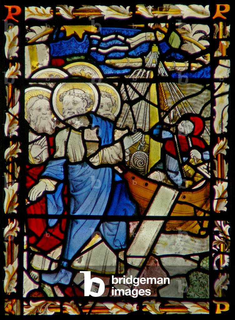 The east window depicting St Peter embarks on a boat with other Apostles (stained glass)