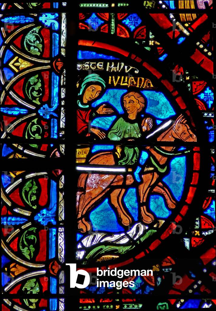 Window w15 depicting the story of St Stephen's relics: the relics are taken to Constantinople (stained glass)