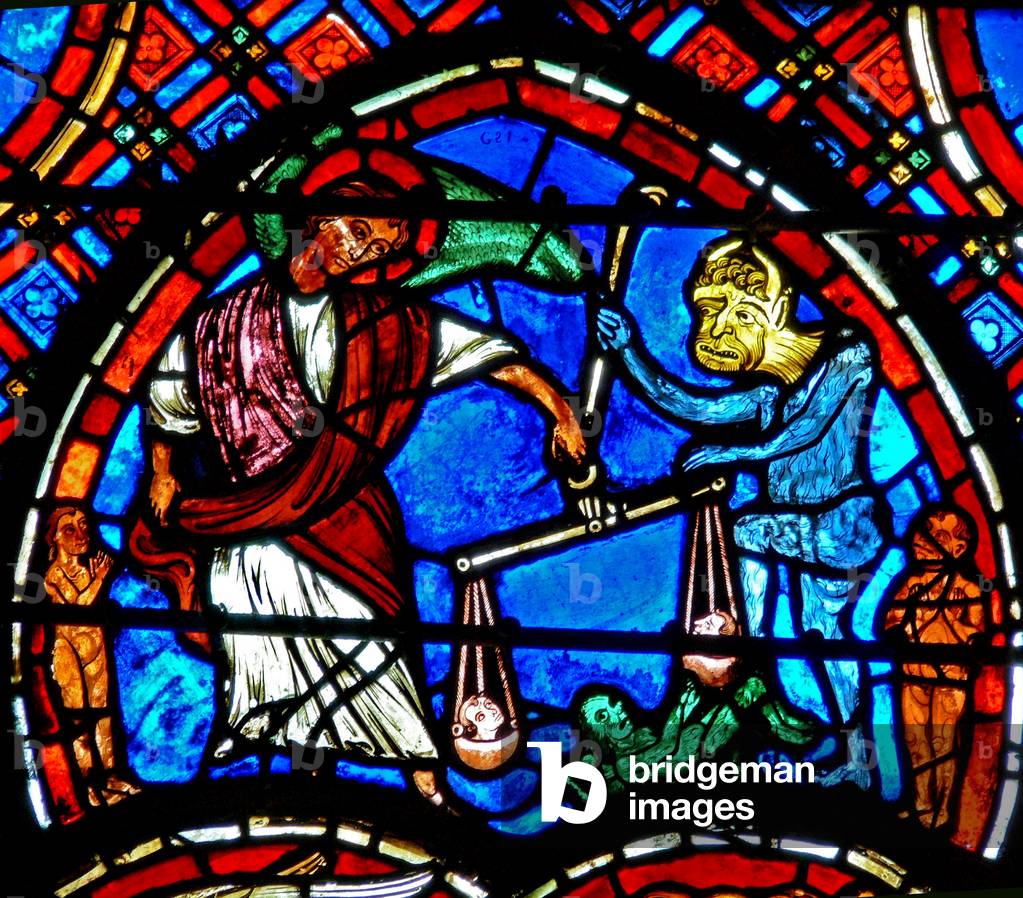 Window w4 depicting a scene from the Last Judgement: St Michael weighing the souls (stained glass)